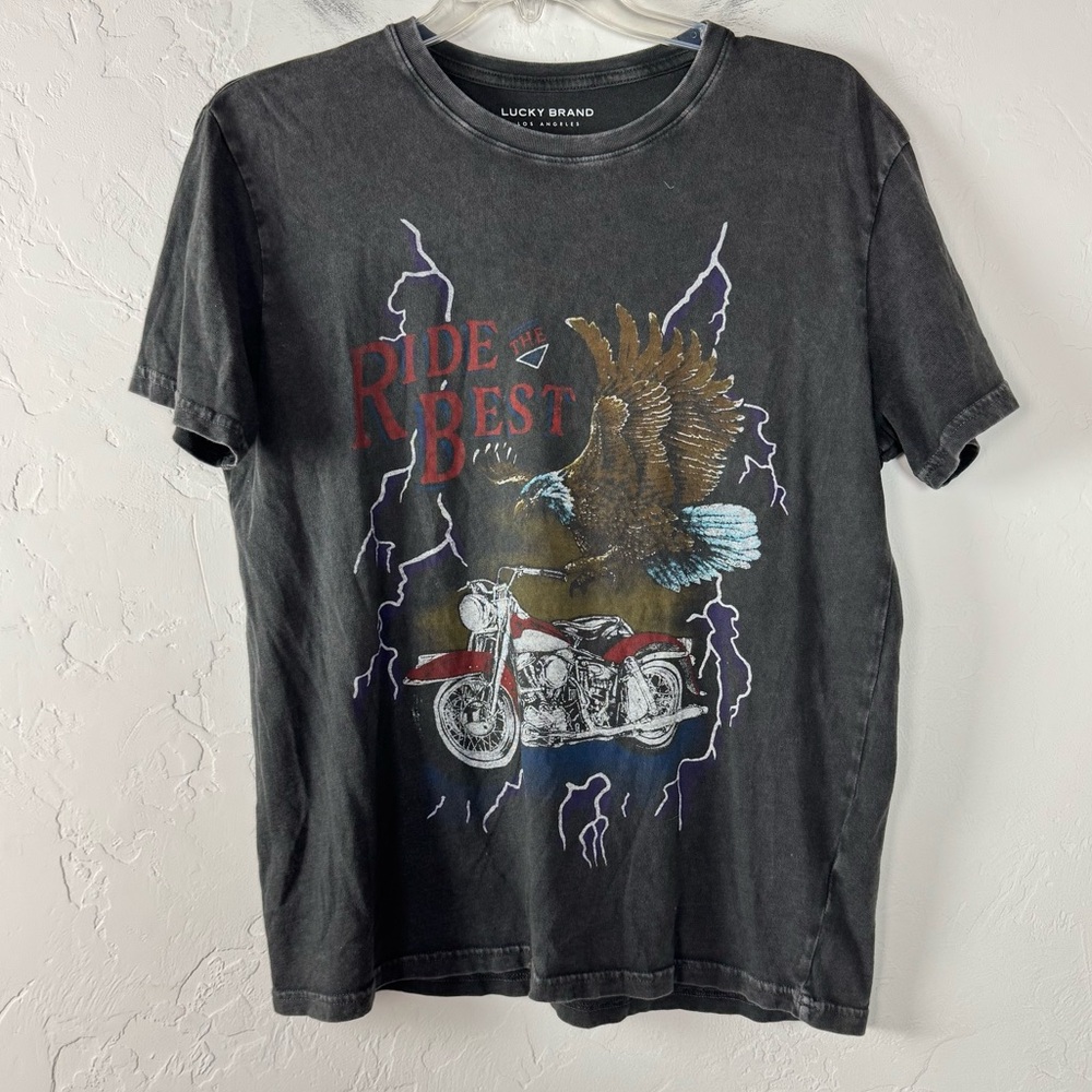 Lucky‎ Brand Shirt Knit Top Tee Lightning Moto Graphic Ride The Beast Motorcycle